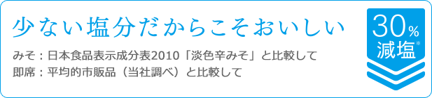 少ない塩分だからこそおいしい　みそ：日本食品表示成分表2010「淡色辛みそ」と比較して即席：平均的市販品（当社調べ）と比較して