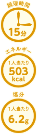調理時間：15分、エネルギー：503kcal、塩分6.2g